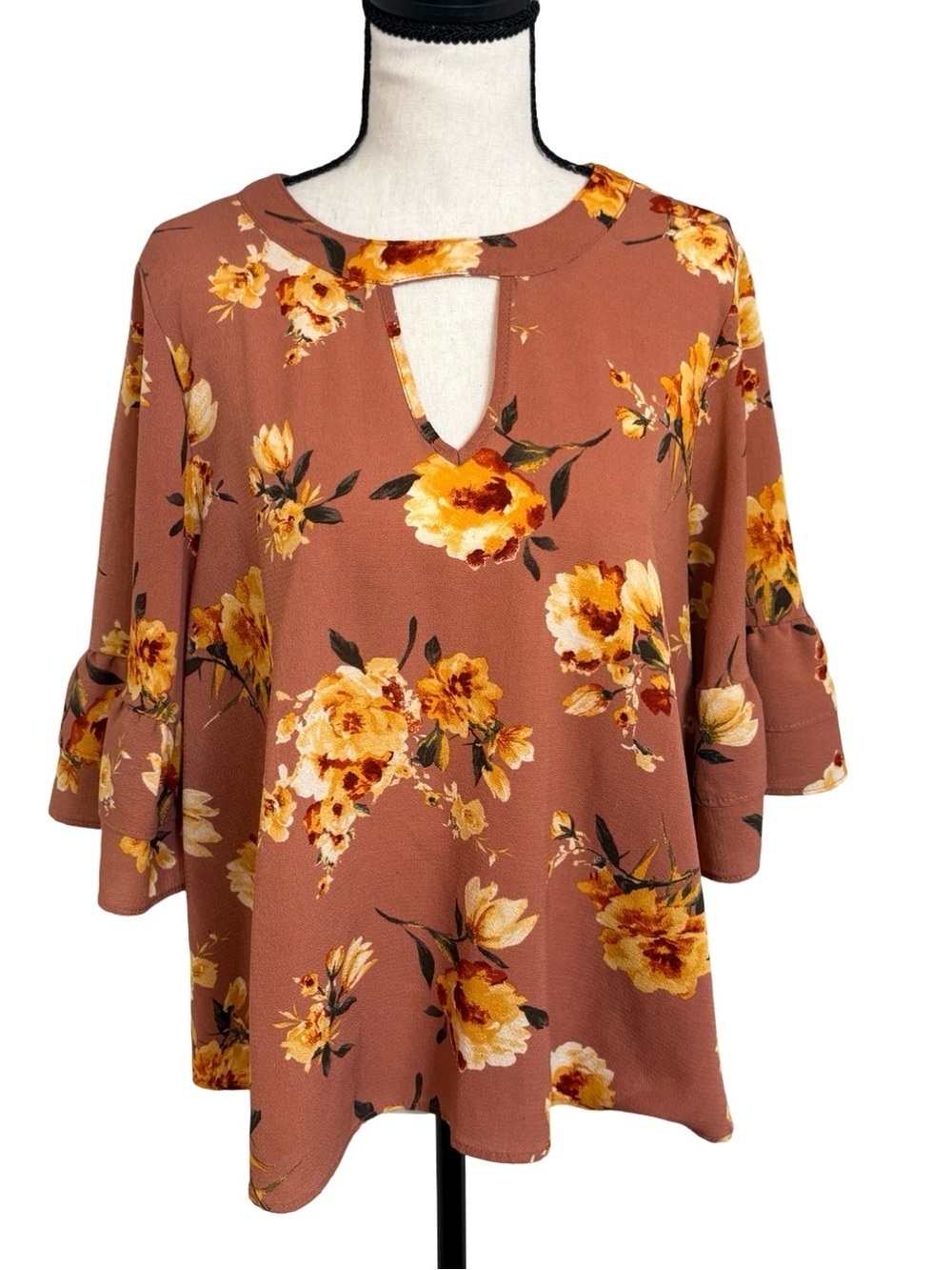 Urban Romantics Ruffle Sleeve Floral Keyhole Blouse Boho Cottagecore Size L